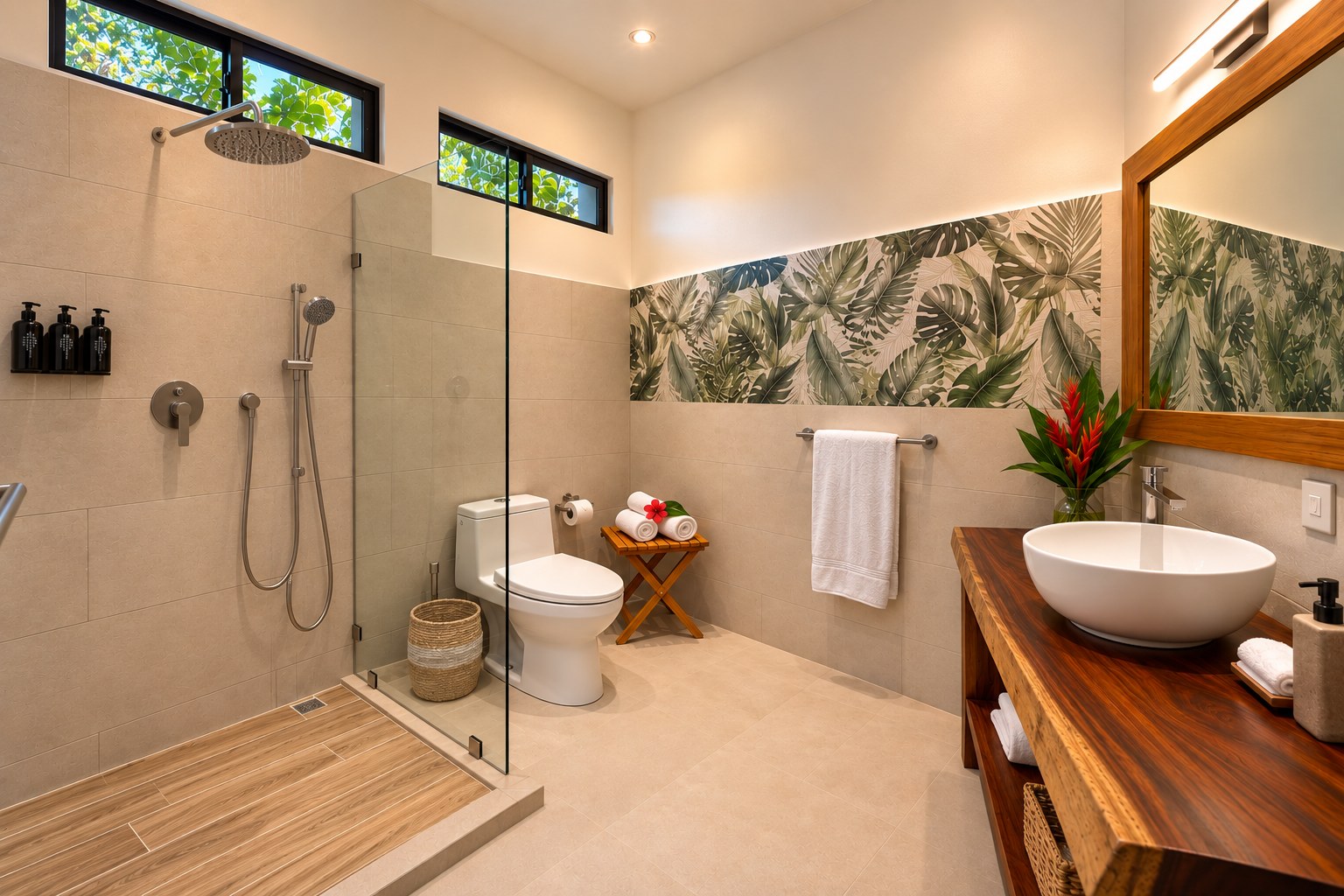 Casa Visama spacious tropical bathroom with walk-in shower