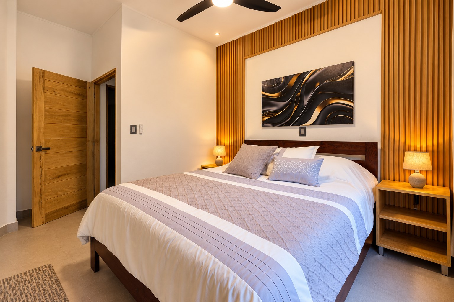 Casa Visama king bedroom with warm wood details